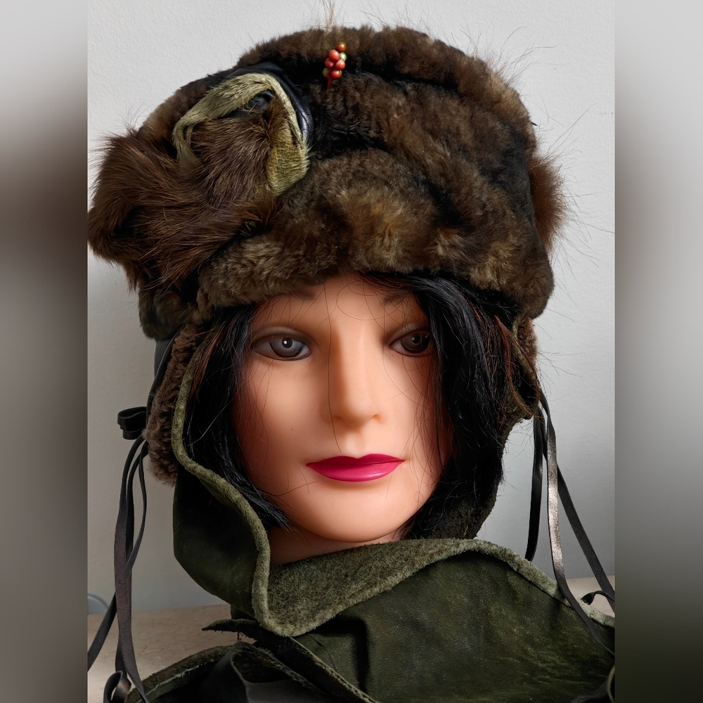 OOAK Designer Patricia B Jellyfish Trapper Hat Distressed Leather Suede Fur